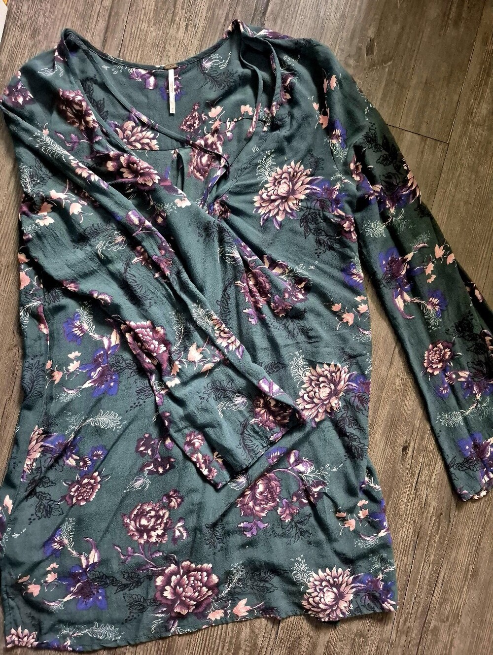 Free People Heartbeat Emerald Long  Sleeve Floral Tunic Mini Dress